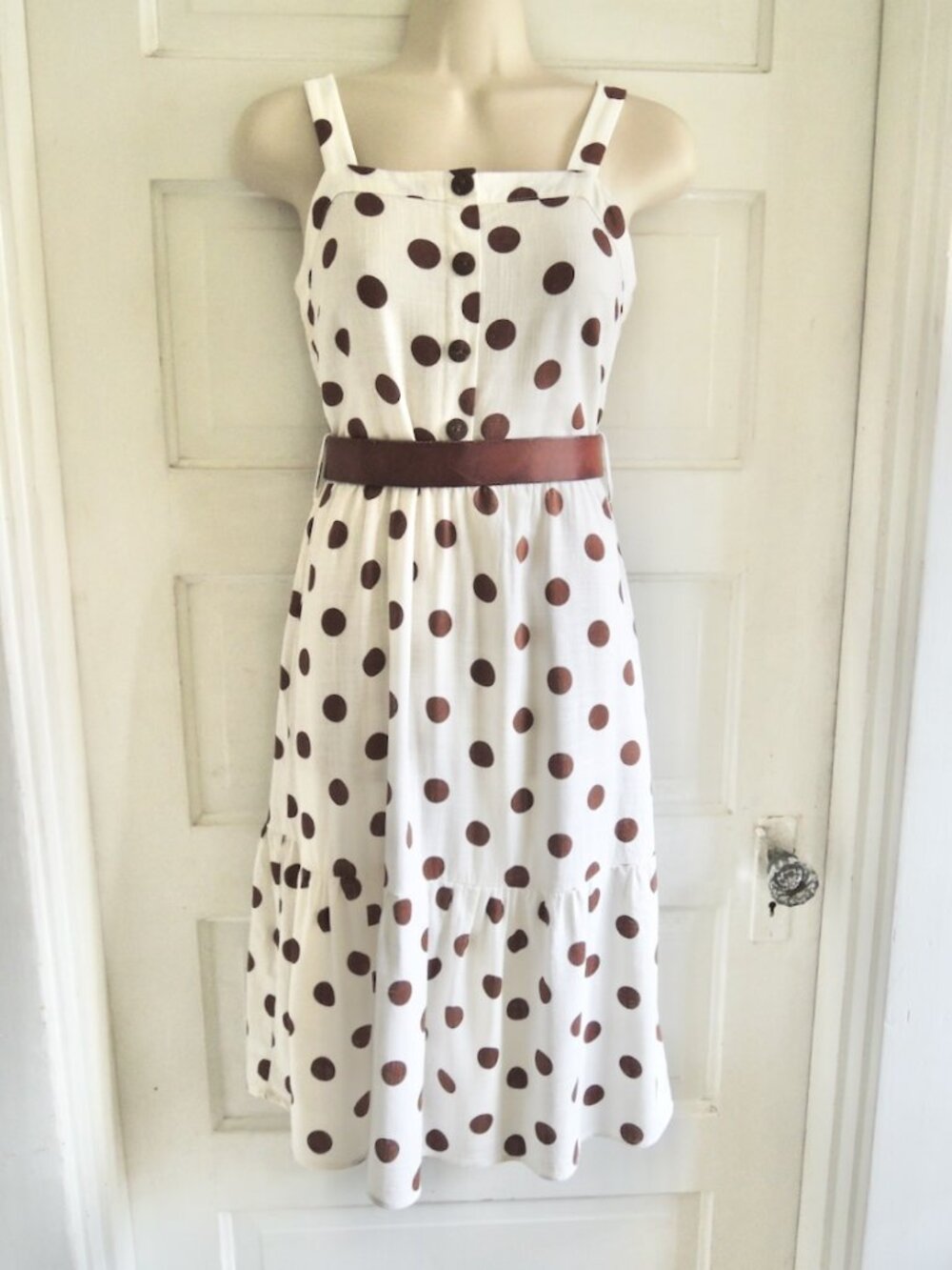Monteau LA White & Brown Linen Blend Polka Dot Ruffle Hem Sundress S